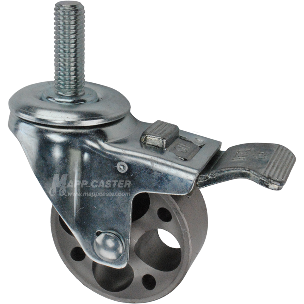 Caster wheel with a total lock brake, a 3 inch silver steel wheel and 1-3/4 inch metal threaded stem
