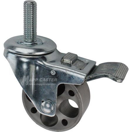 Caster wheel with a total lock brake, a 3 inch silver steel wheel and 1-3/4 inch metal threaded stem