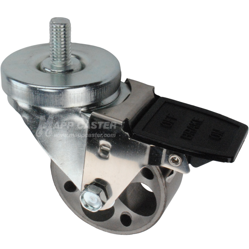 Caster wheel with face contact brake, a 3 inch silver steel wheel and 1-1/2 inch metal threaded stem