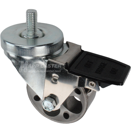 Caster wheel with face contact brake, a 3 inch silver steel wheel and 1-1/2 inch metal threaded stem