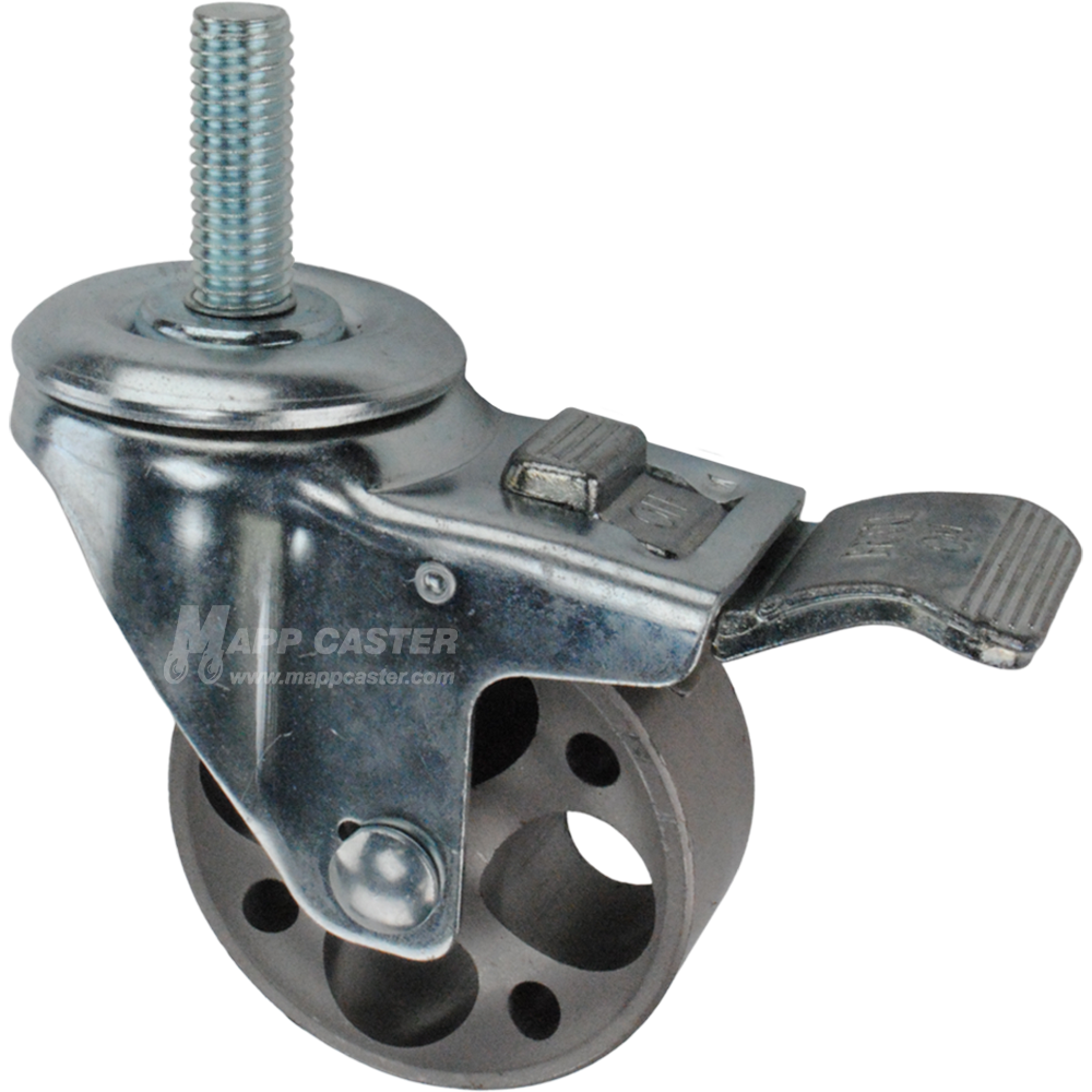Caster wheel with a total lock brake, a 3 inch silver steel wheel and 1-1/2 inch metal threaded stem