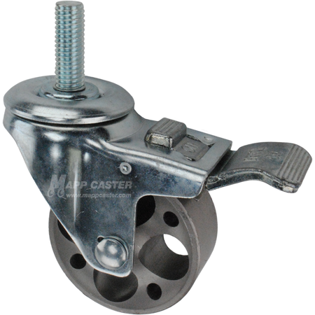 Caster wheel with a total lock brake, a 3 inch silver steel wheel and 1-1/2 inch metal threaded stem