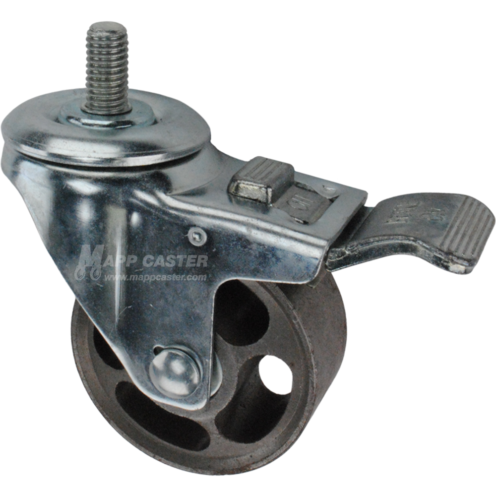 Caster wheel with a total lock brake, a 3 inch silver steel wheel and 1 inch metal threaded stem