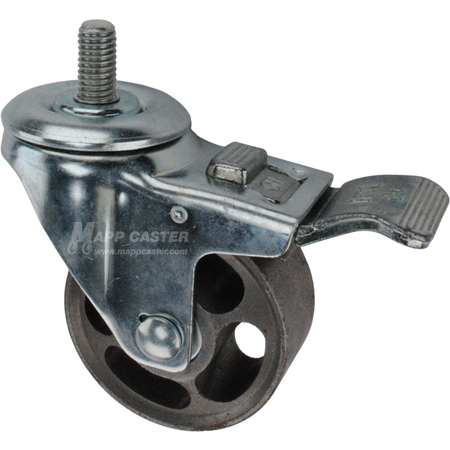 Caster wheel with a total lock brake, a 3 inch silver steel wheel and 1 inch metal threaded stem