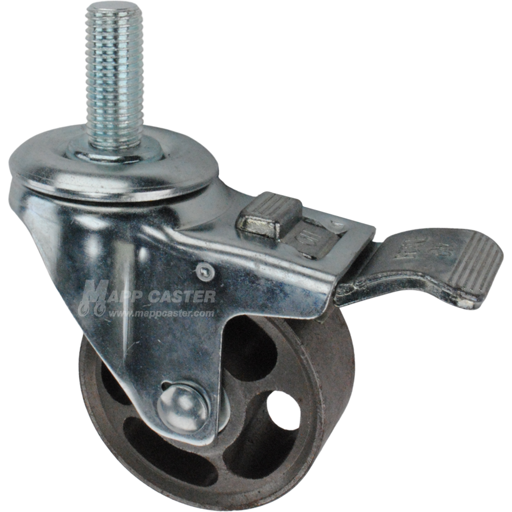 Caster wheel with a total lock brake, a 3 inch silver steel wheel and 1-1/2 inch long 16mm metal threaded stem