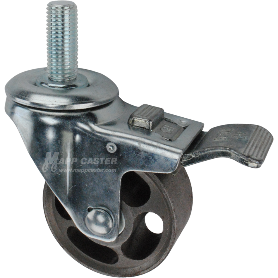 Caster wheel with a total lock brake, a 3 inch silver steel wheel and 1-1/2 inch long 16mm metal threaded stem