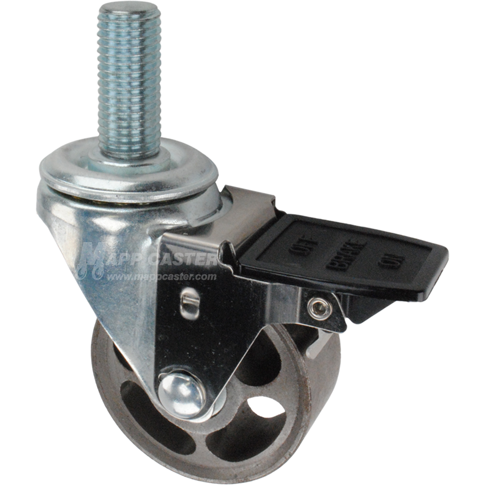 Caster wheel with face contact brake, a 3 inch silver steel wheel and 20mm threaded metal stem