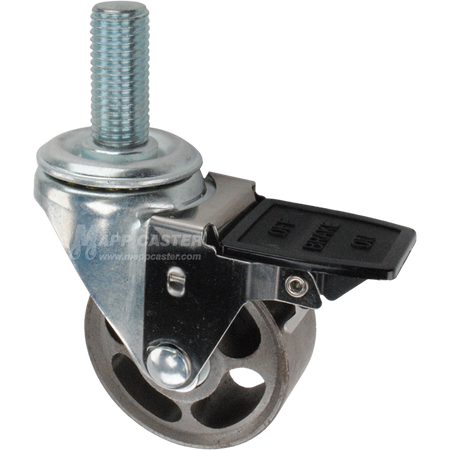 Caster wheel with face contact brake, a 3 inch silver steel wheel and 20mm threaded metal stem