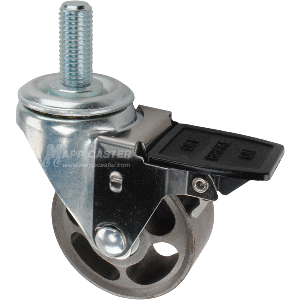 Caster wheel with face contact brake, a 3 inch silver steel wheel and 1-3/4 inch metal threaded stem