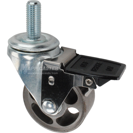Caster wheel with face contact brake, a 3 inch silver steel wheel and 1-3/4 inch metal threaded stem