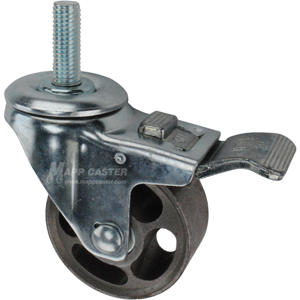 Caster wheel with a total lock brake, a 3 inch silver steel wheel and 1-1/2 inch metal threaded stem