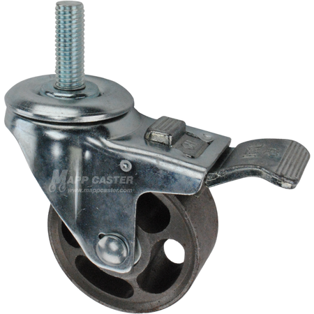 Caster wheel with a total lock brake, a 3 inch silver steel wheel and 1-1/2 inch metal threaded stem