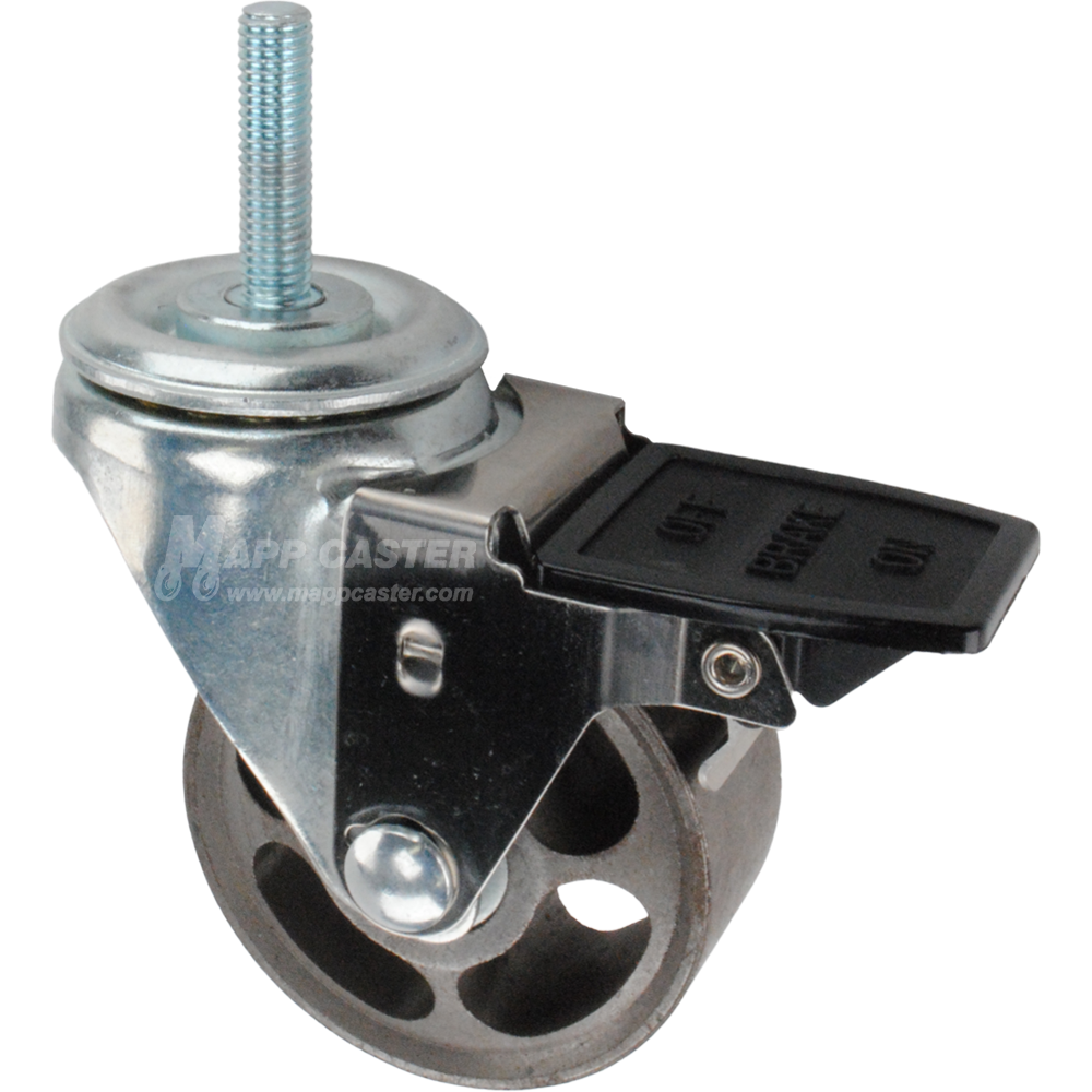Caster wheel with face contact brake, a 3 inch silver steel wheel and 10mm threaded metal stem