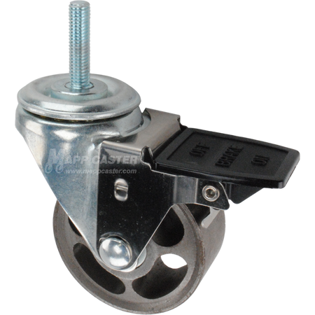 Caster wheel with face contact brake, a 3 inch silver steel wheel and 10mm threaded metal stem