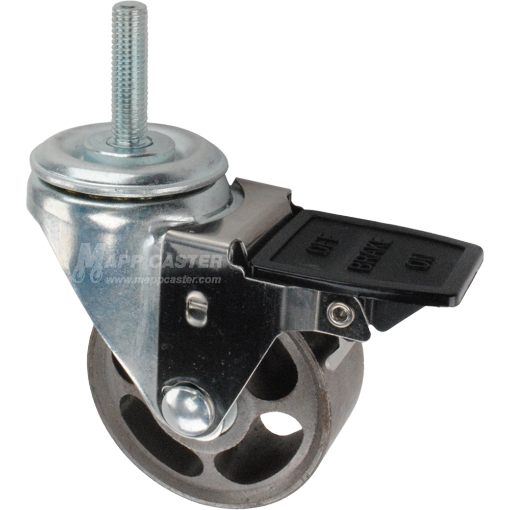 Caster wheel with face contact brake, a 3 inch silver steel wheel and 12mm threaded metal stem