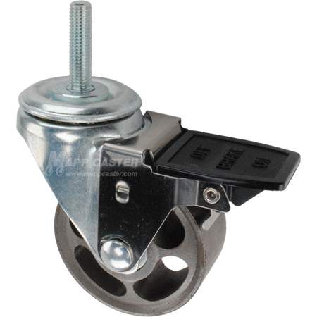 Caster wheel with face contact brake, a 3 inch silver steel wheel and 12mm threaded metal stem