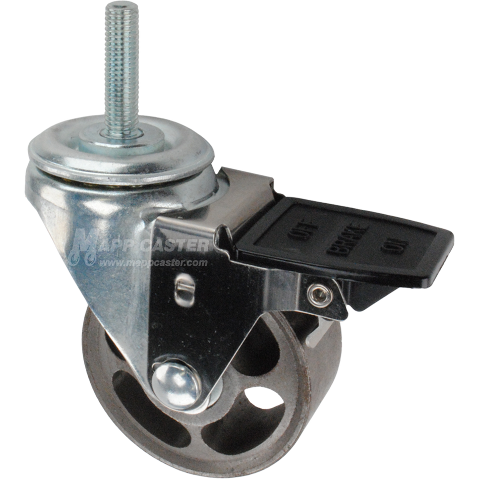 Caster wheel with face contact brake, a 3 inch silver steel wheel and 12mm threaded metal stem