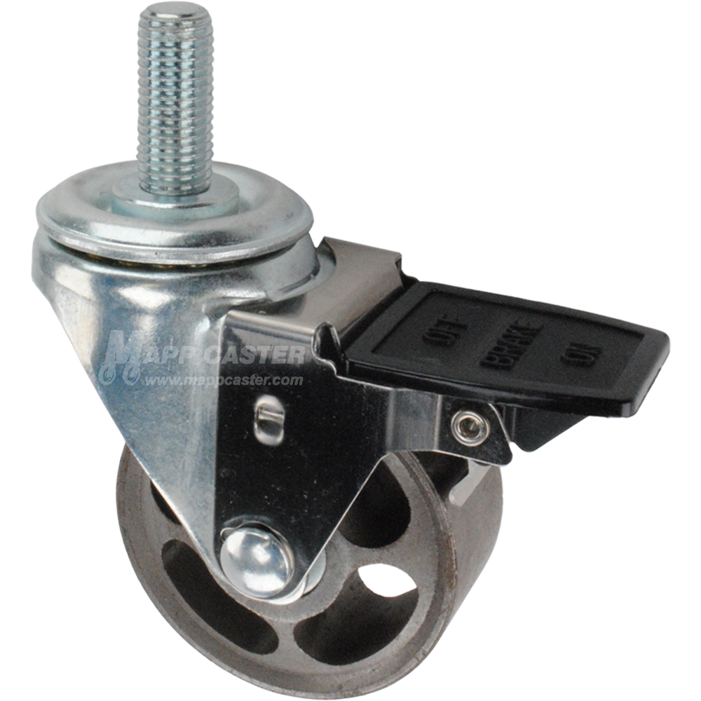 Caster wheel with face contact brake, a 3 inch silver steel wheel and 16mm threaded metal stem