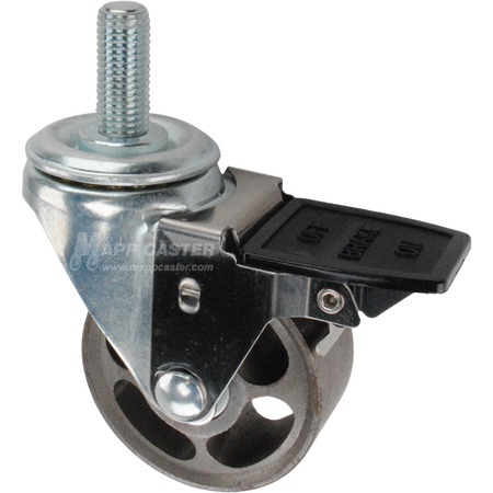 Caster wheel with face contact brake, a 3 inch silver steel wheel and 16mm threaded metal stem