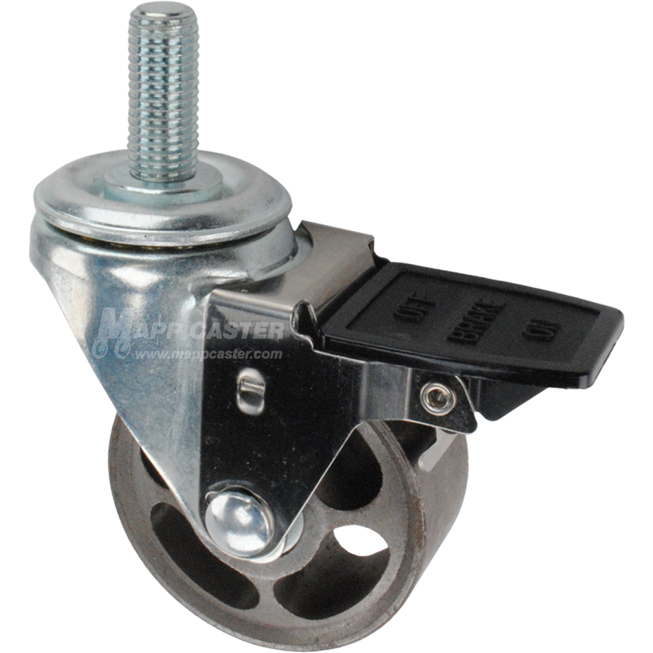 Caster wheel with face contact brake, a 3 inch silver steel wheel and 16mm threaded metal stem