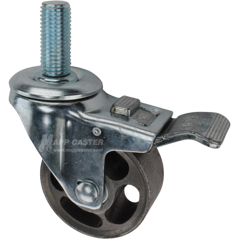 Caster wheel with a total lock brake, a 3 inch silver steel wheel and 1-3/4 inch long 20mm metal threaded stem