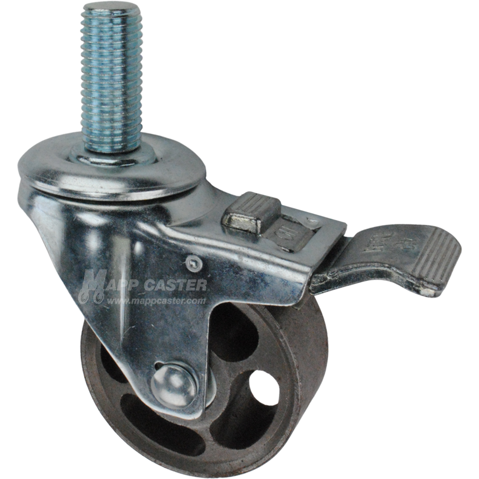 Caster wheel with a total lock brake, a 3 inch silver steel wheel and 1-3/4 inch long 20mm metal threaded stem