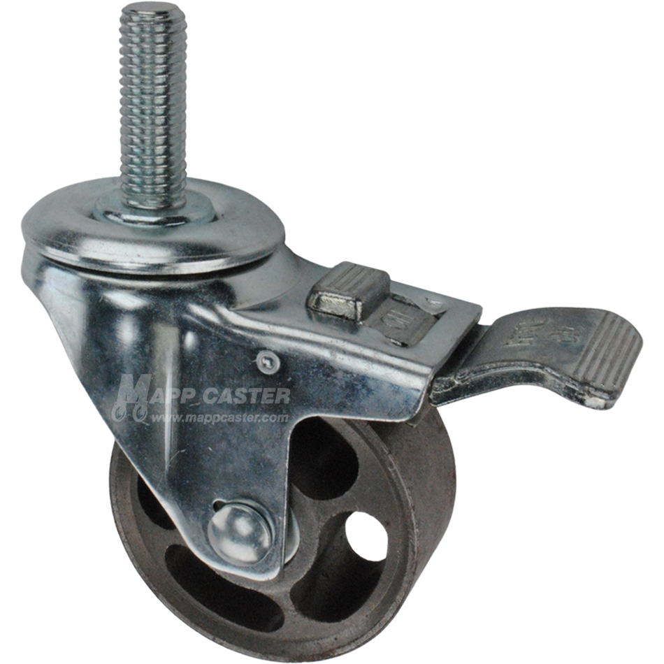 Caster wheel with a total lock brake, a 3 inch silver steel wheel and 1-3/4 inch metal threaded stem