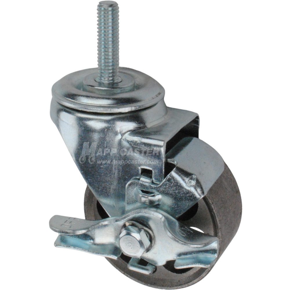 Metal caster wheel with brake and threaded stem