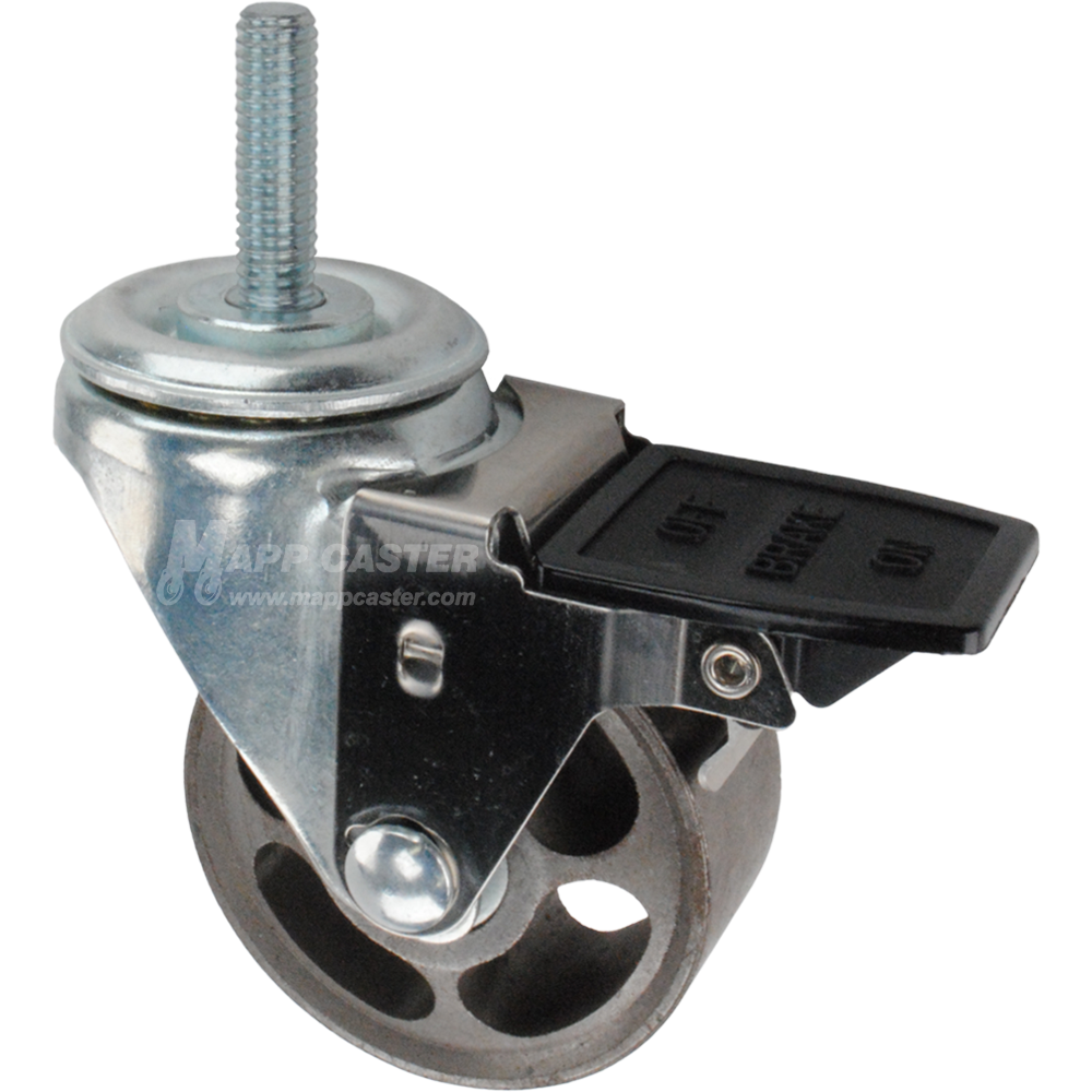 Caster wheel with face contact brake, a 3 inch silver steel wheel and 1-1/2 inch metal threaded stem
