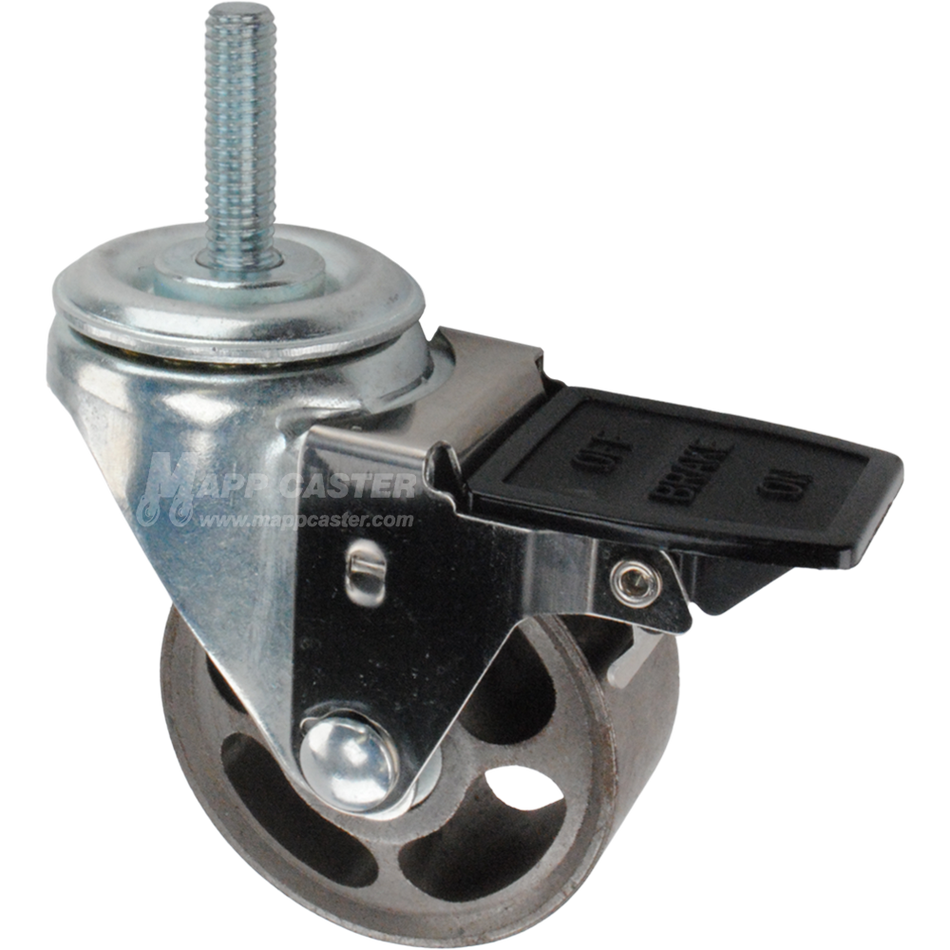 Caster wheel with face contact brake, a 3 inch silver steel wheel and 1-1/2 inch metal threaded stem