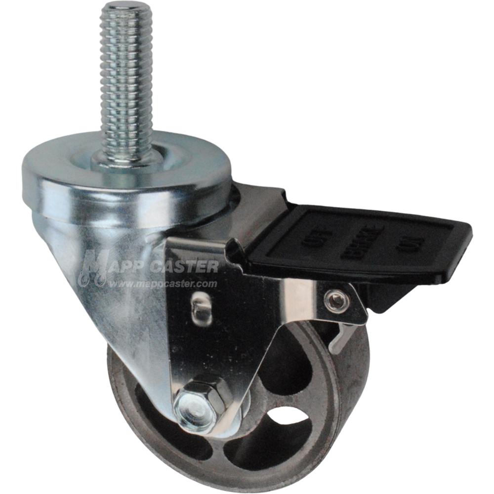 Caster wheel with face contact brake, a 3 inch silver steel wheel and 1-3/4 inch metal threaded stem