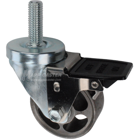 Caster wheel with face contact brake, a 3 inch silver steel wheel and 1-3/4 inch metal threaded stem