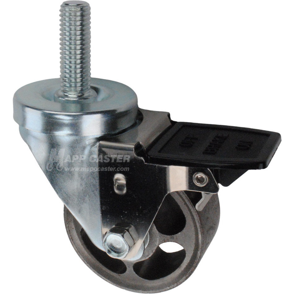 Caster wheel with face contact brake, a 3 inch silver steel wheel and 1-3/4 inch metal threaded stem