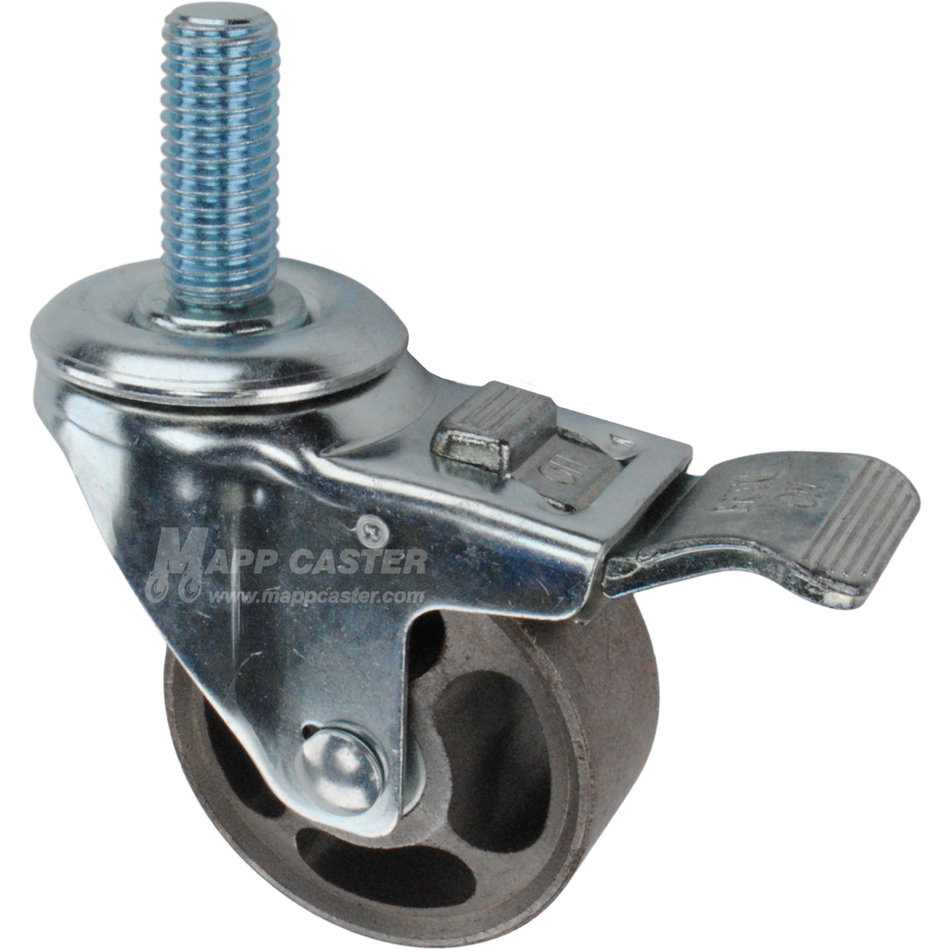Caster wheel with a total lock brake, a 3 inch silver steel wheel and 1-3/4 inch metal threaded stem
