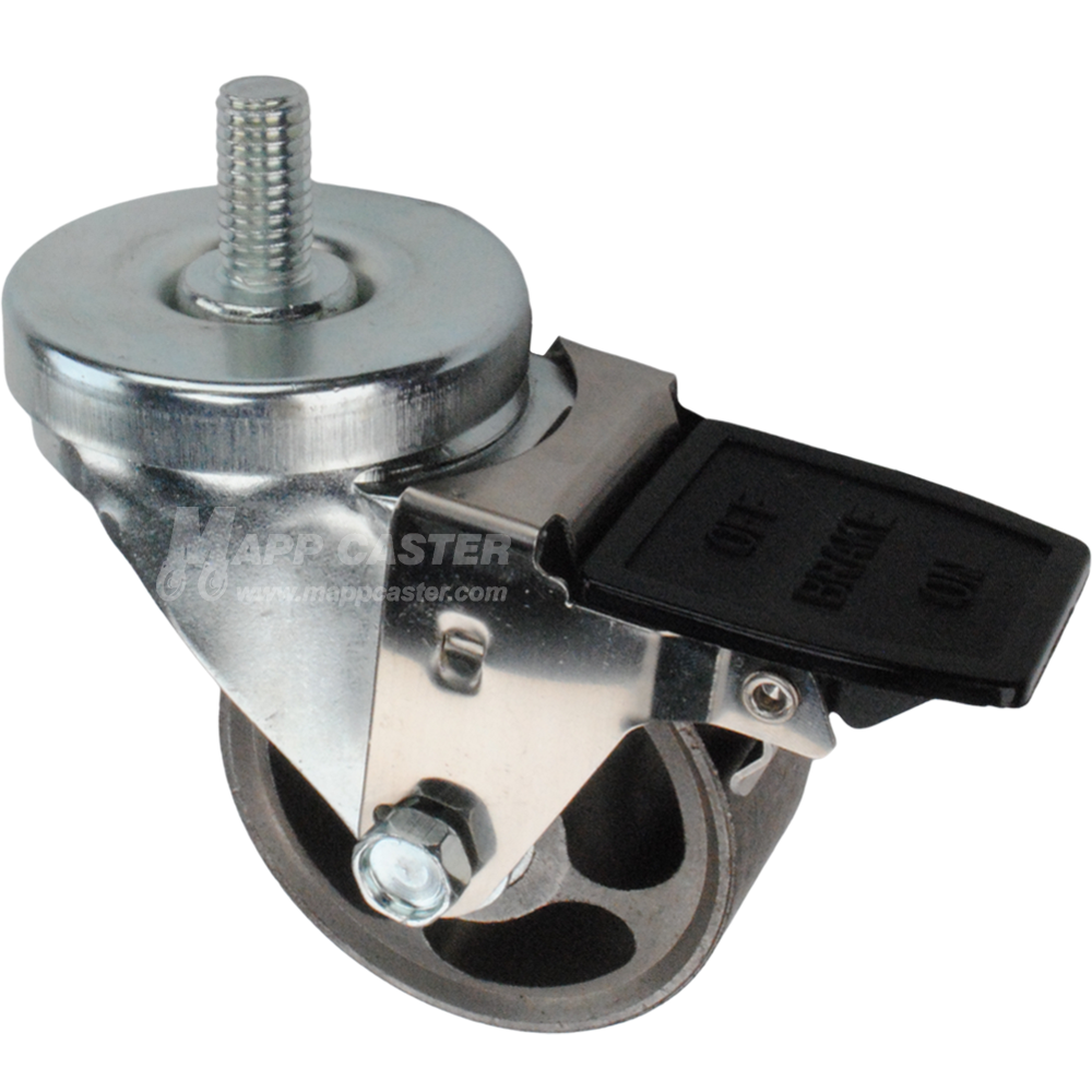 Caster wheel with face contact brake, a 3 inch silver steel wheel and 1 inch metal threaded stem