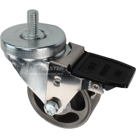 Caster wheel with face contact brake, a 3 inch silver steel wheel and 1 inch metal threaded stem