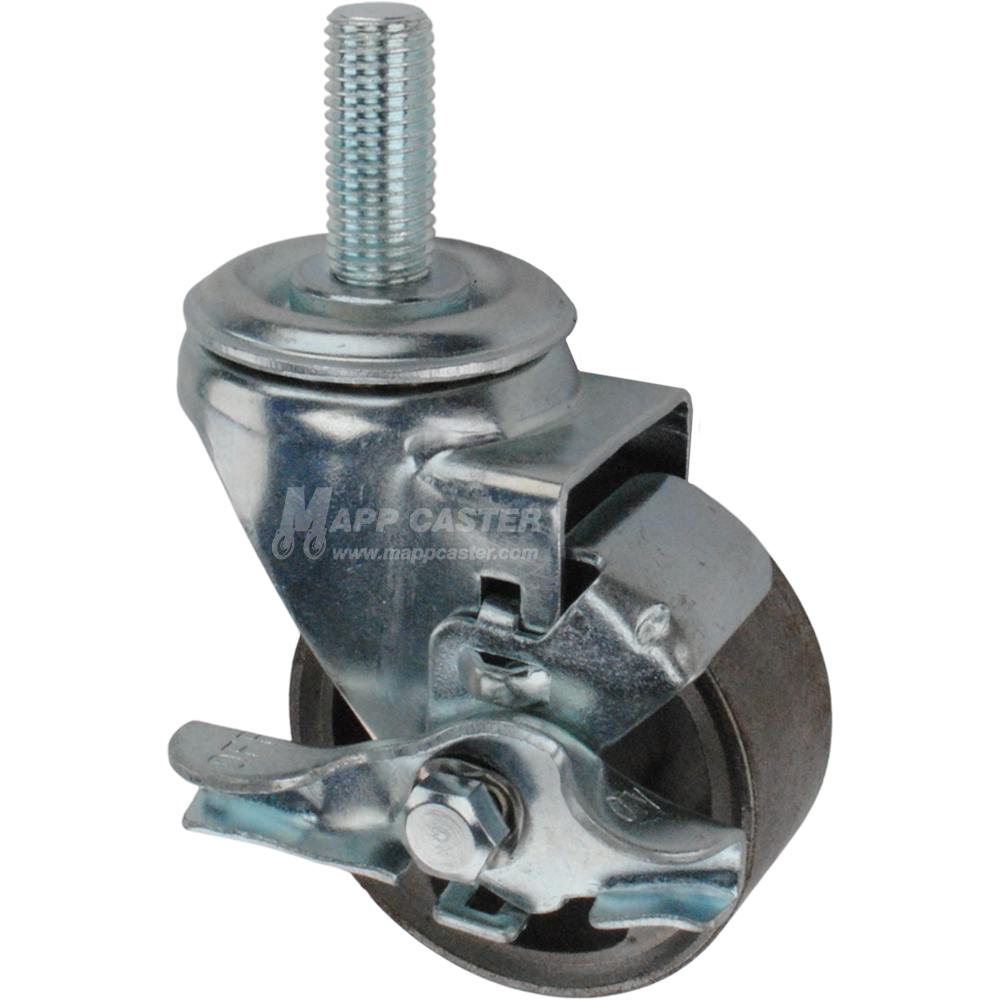 Metal caster wheel with brake and metric threaded stem