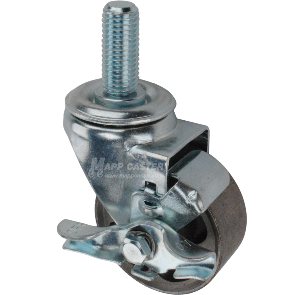 Metal caster wheel with brake and threaded stem