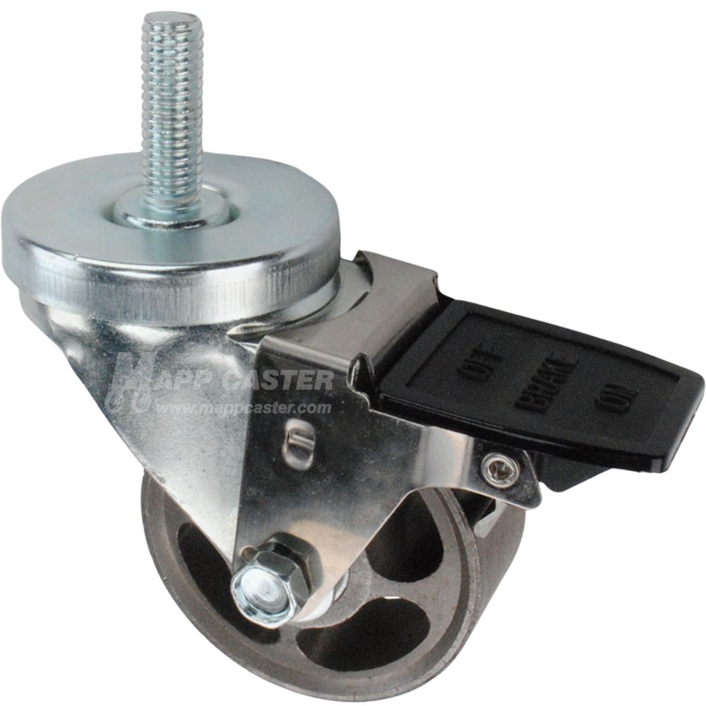 Caster wheel with face contact brake, a 3 inch silver steel wheel and 1-1/2 inch metal threaded stem