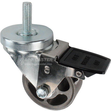 Caster wheel with face contact brake, a 3 inch silver steel wheel and 1-1/2 inch metal threaded stem