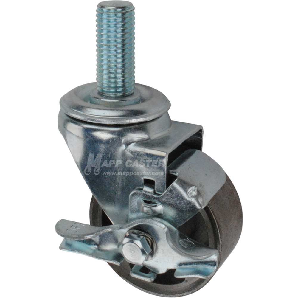 Metal caster wheel with brake and metric threaded stem