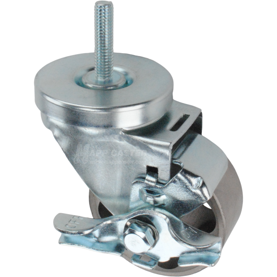 Metal caster wheel with a top lock brake and threaded stem