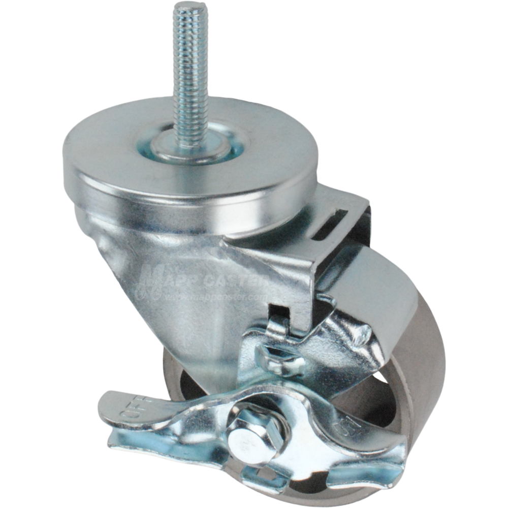 Swivel caster with a top lock brake, a 3 inch silver steel wheel and 3/8 inch wide threaded metal stem