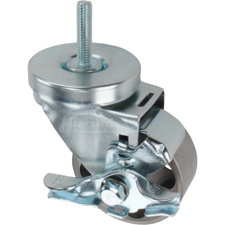 Swivel caster with a top lock brake, a 3 inch silver steel wheel and 3/8 inch wide threaded metal stem