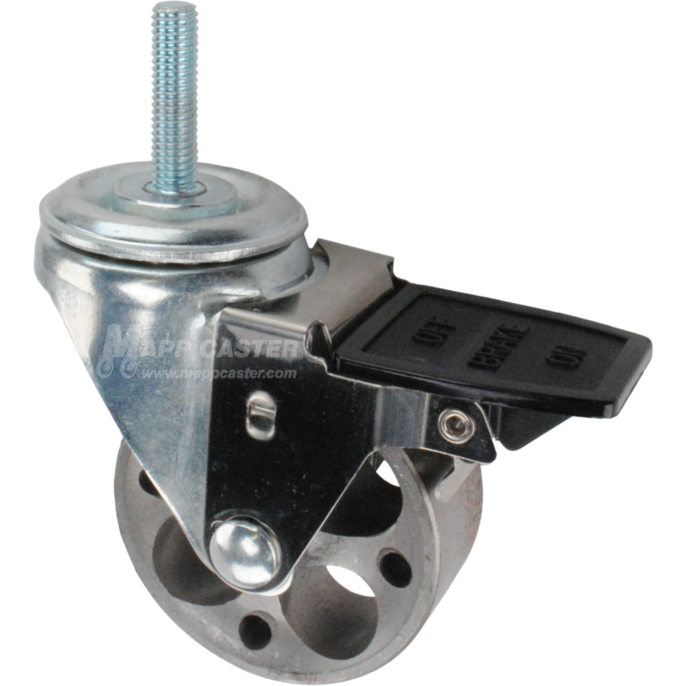 Caster wheel with face contact brake, a 3 inch silver steel wheel and 10mm threaded metal stem