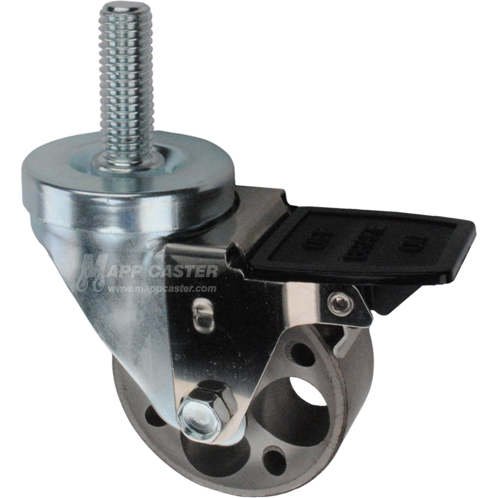 Caster wheel with face contact brake, a 3 inch silver steel wheel and 1-3/4 inch metal threaded stem