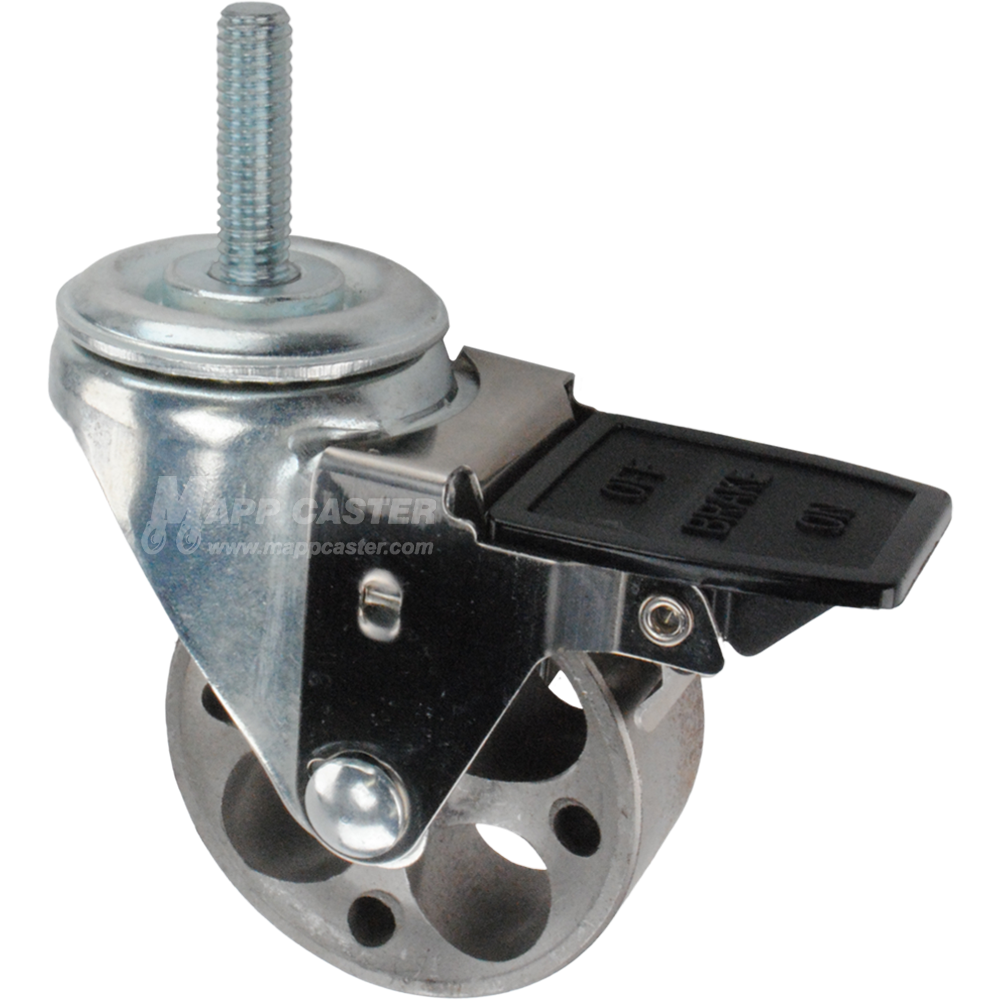 Caster wheel with face contact brake, a 3 inch silver steel wheel and 1-1/2 inch metal threaded stem