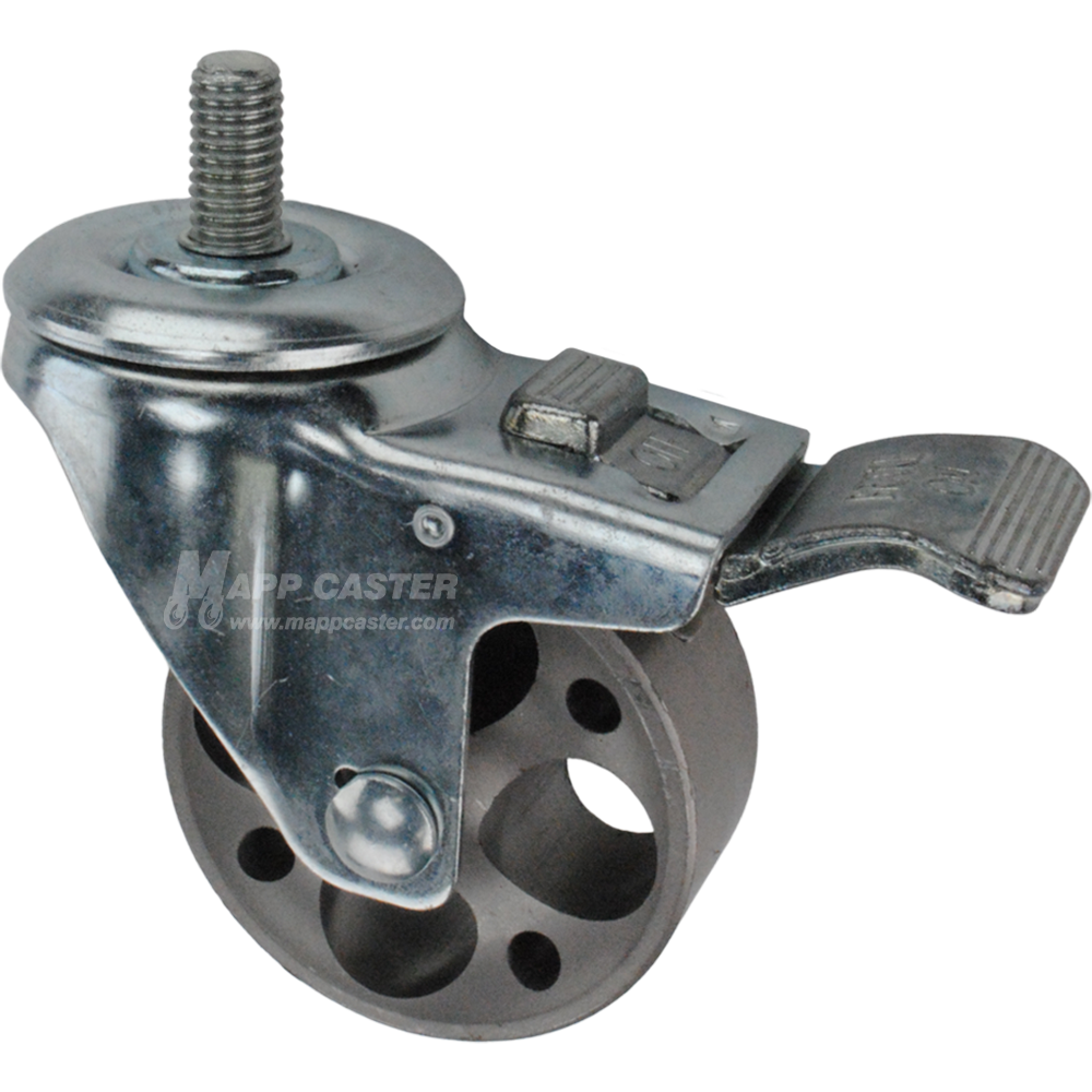 Caster wheel with a total lock brake, a 3 inch silver steel wheel and 1 inch metal threaded stem