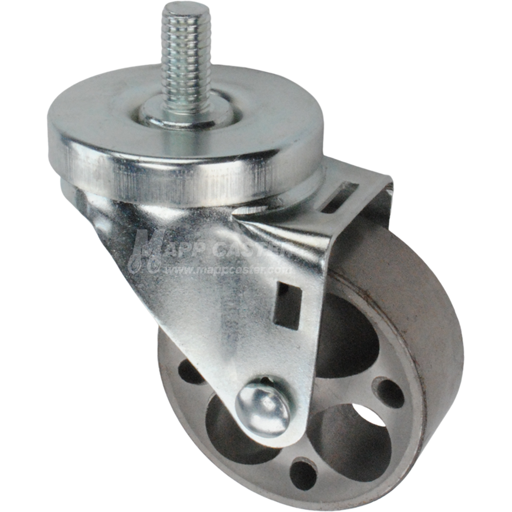 Caster wheel with a silver steel tire and metal stem thread