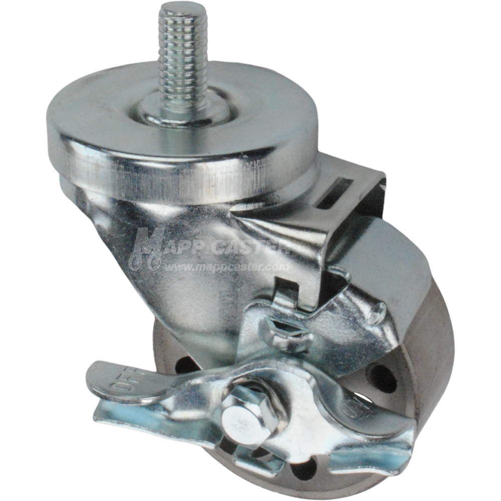 Caster wheel with brake, a silver steel tire and metal stem thread